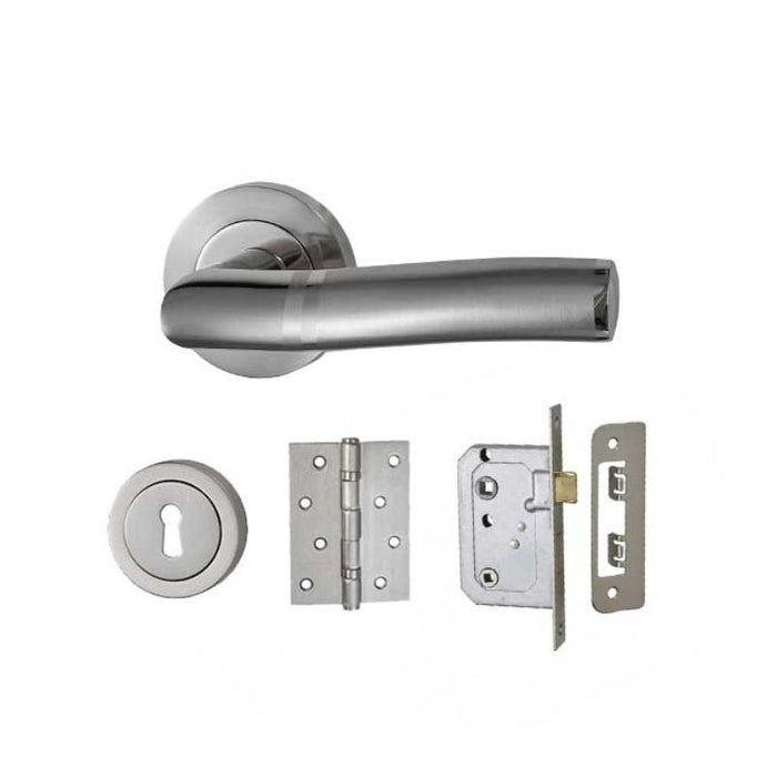 Roxton Lever on Rose Privacy Door Set Satin Nickel
